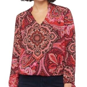 Allison Joy Evereve Pink Paisley Print V-Neck Tie Sleeve Blouse Top